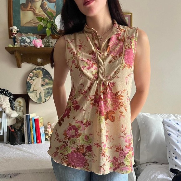Morgan de Toi Tops - Morgan De Toi Cream Pink Floral Micromesh Tank Top Y2K Vintage